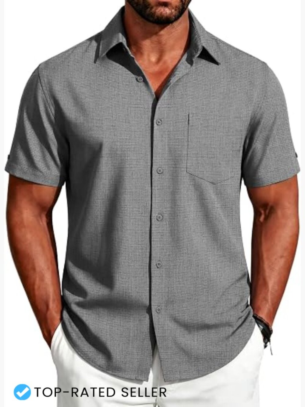 Short Sleeve Button Down Linen Shirt Casual Beach Summer Pocket